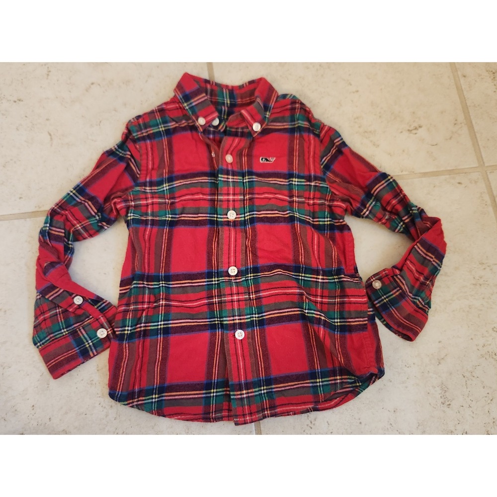 Vineyard Vines Boys 3T Red Plaid Whale Shirt Button Down Cotton Tartan LS